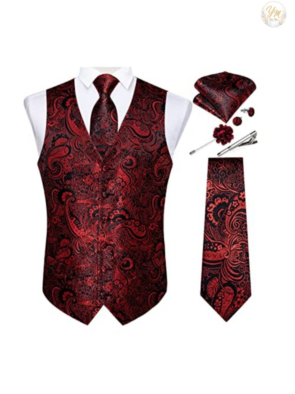 Silk Men's Vest and Tie Set Paisley Waistcoat Necktie Pocket Square Cufflinks